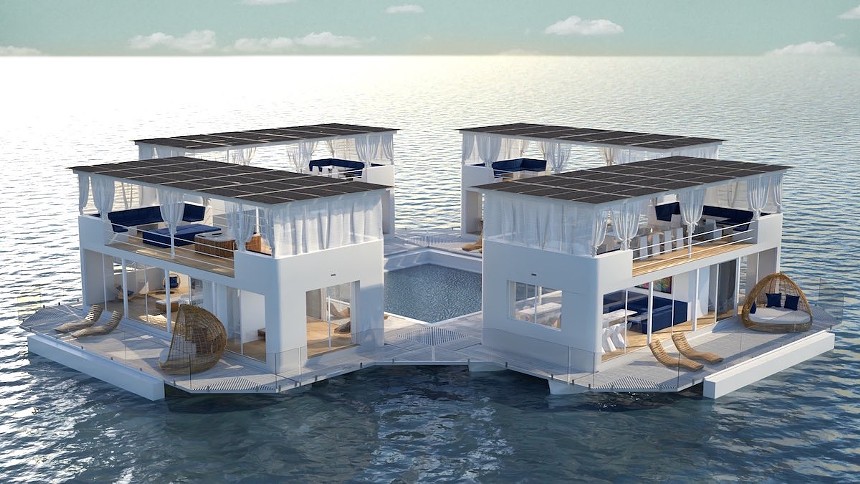 Conceptual image of a luxury, floating social club anchored in a bay