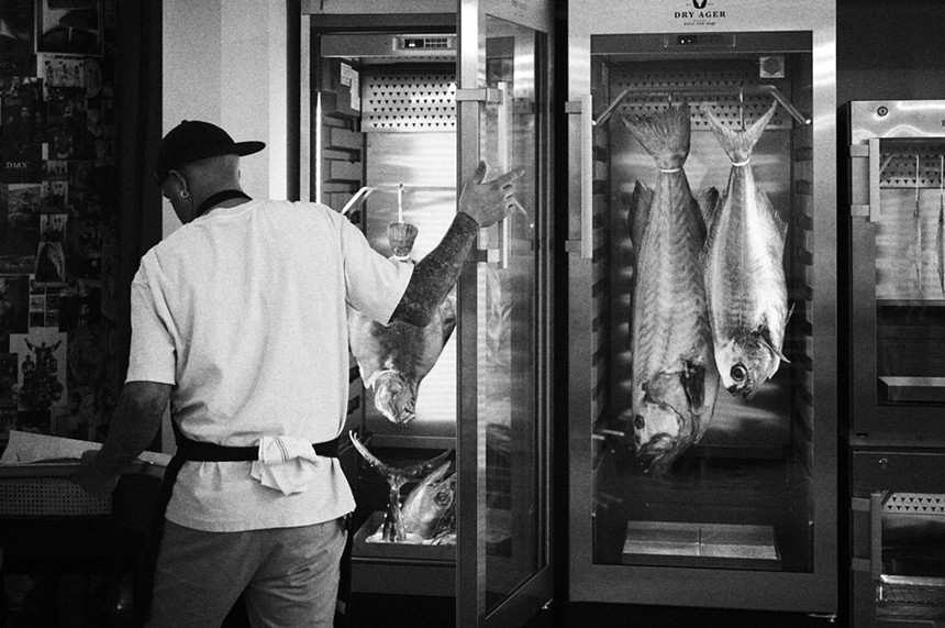 A man looks at fish in a fridge wearing a white shirt