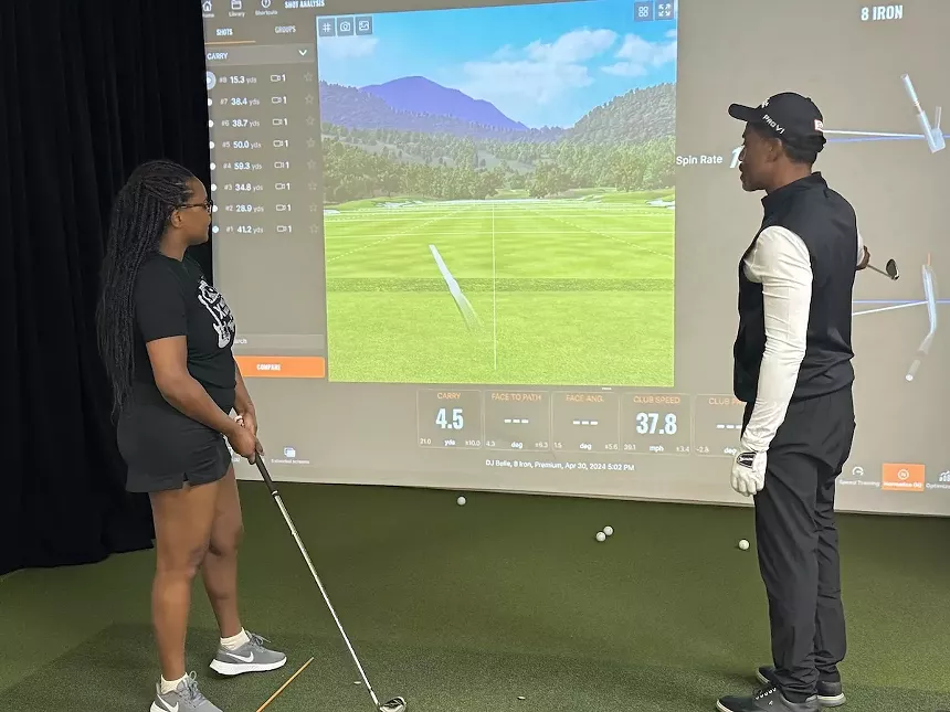Woman playing golf on a simulator