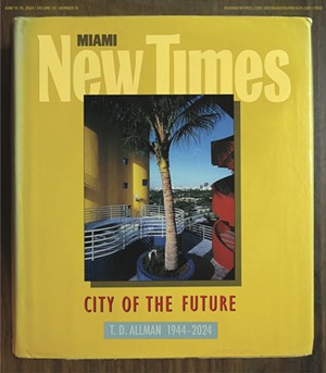 a photo-illustration of a hardcover book on a table; the image has been altered to include the Miami New Times logo and the birth and death years of author T.D. Allman.