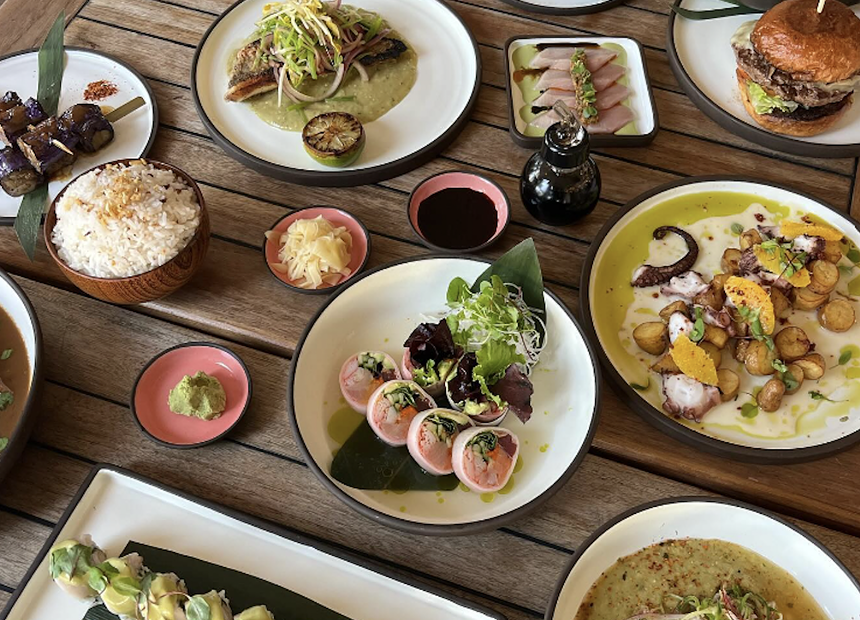 platters of food on a wooden table