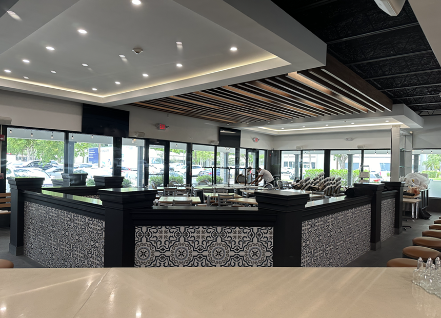 a dining room with tiles