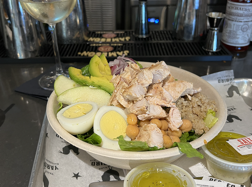 a salad on a grey table