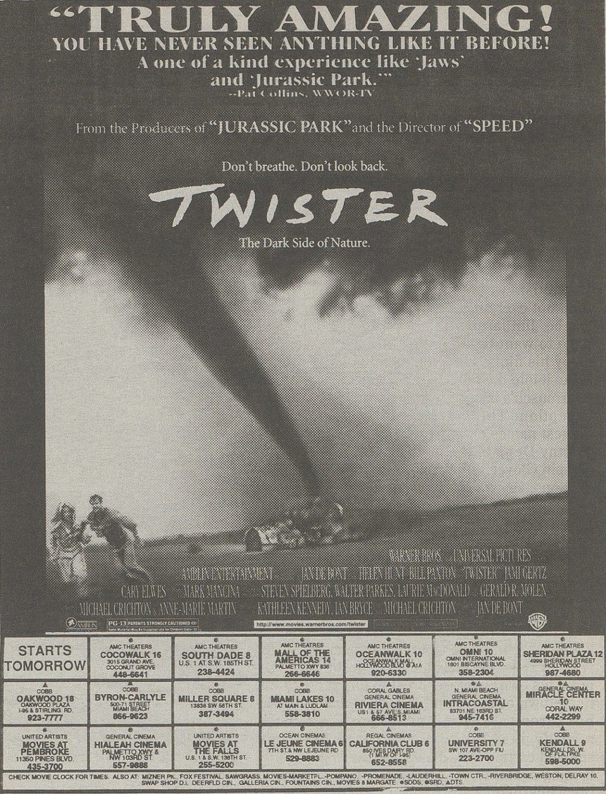 a movie ad teasing the opening of Twister, a summer blockbuster starring Helen Hunt and Bill Paxton