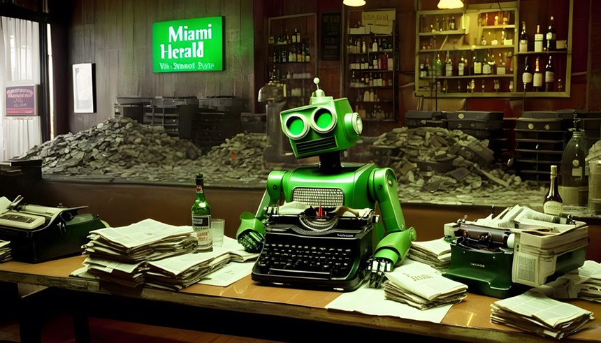 A lonely robot surrounded by cocktails and newspaper stacks in the Miami Herald's word dungeon.