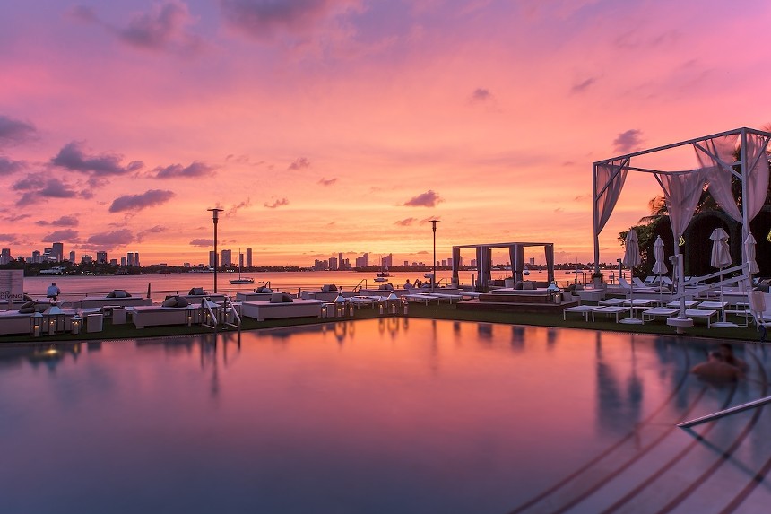 The Mondrian South Beach pool at sunset