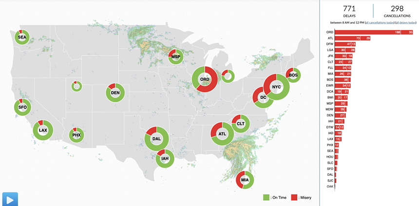 screenshot of a US map showing flight delays and cancellations