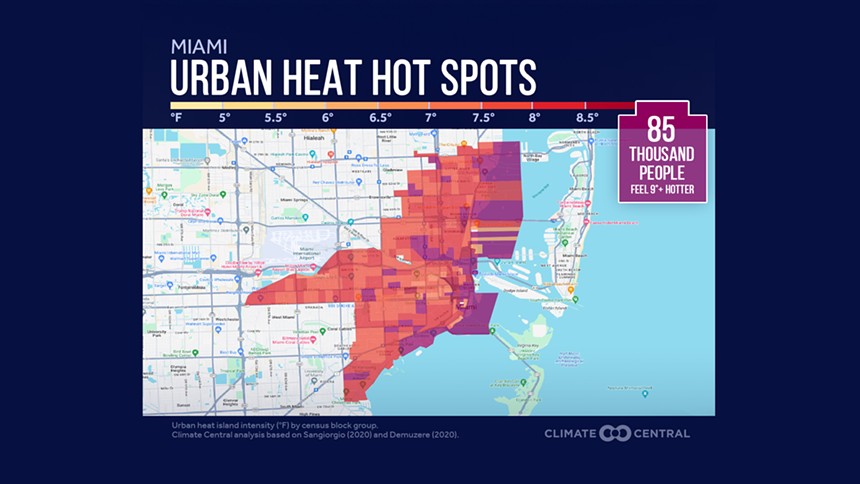 Graphic overlay of Miami city limits with areas of extreme heat.