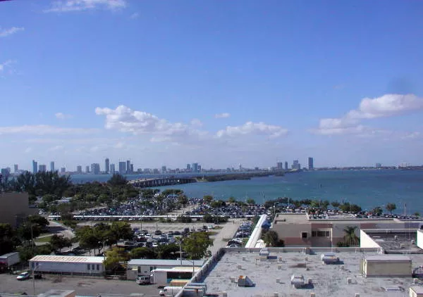 color photo Looking west across Biscayne Bay at the Miami skyline from Miami Beach.