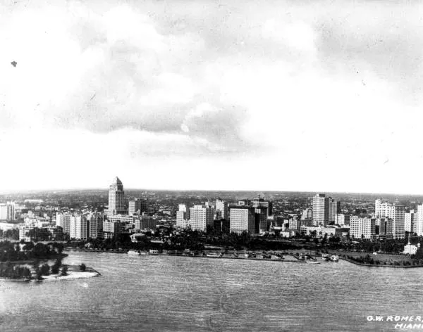aerial view of the downtown Miami skyline looking northwest across the mouth of the Miami River