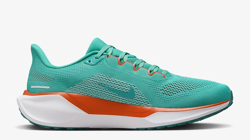 profile view from instep side of a Nike Zoom Pegasus 41 Dolphins edition running shoe