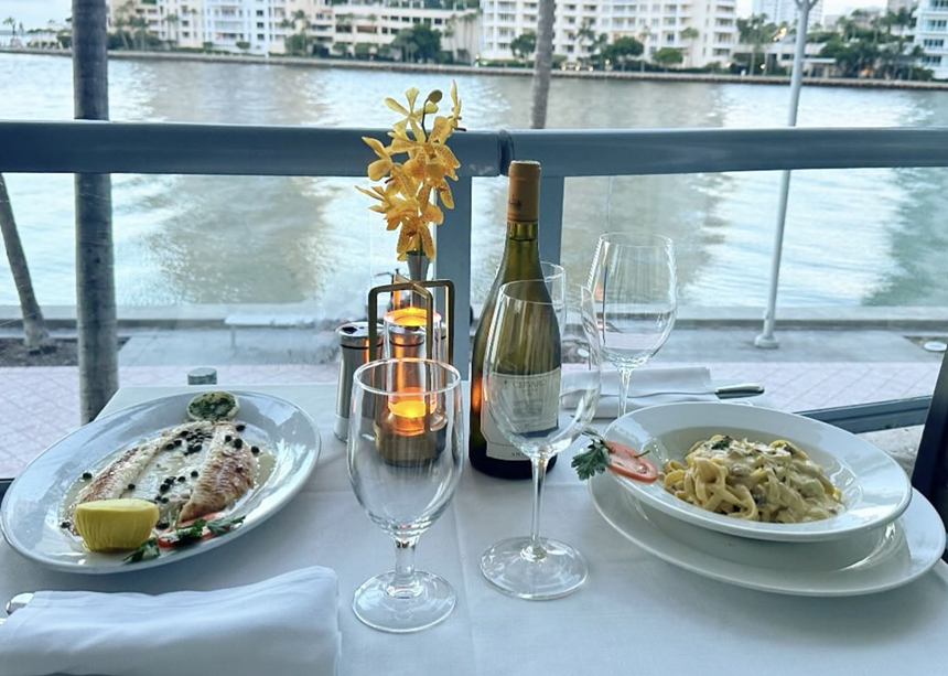 food dishes and a water view