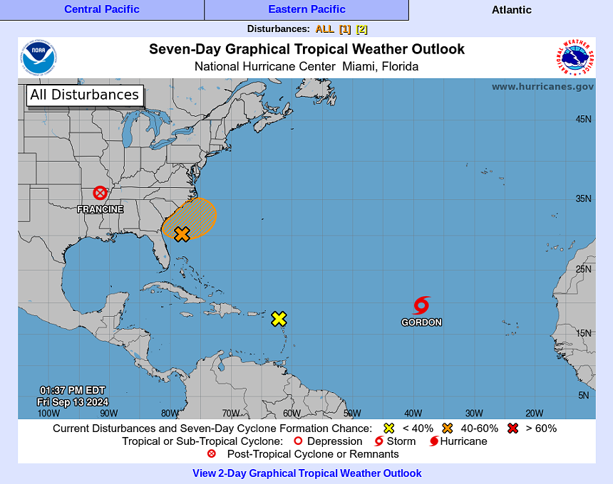 A graphical map from the National Hurricane Center depicting the seven-day tropical weather outlook, showing the remnants of Hurricane Francine over the southeastern United States and potential Tropical Storm Gordon in the eastern Atlantic.