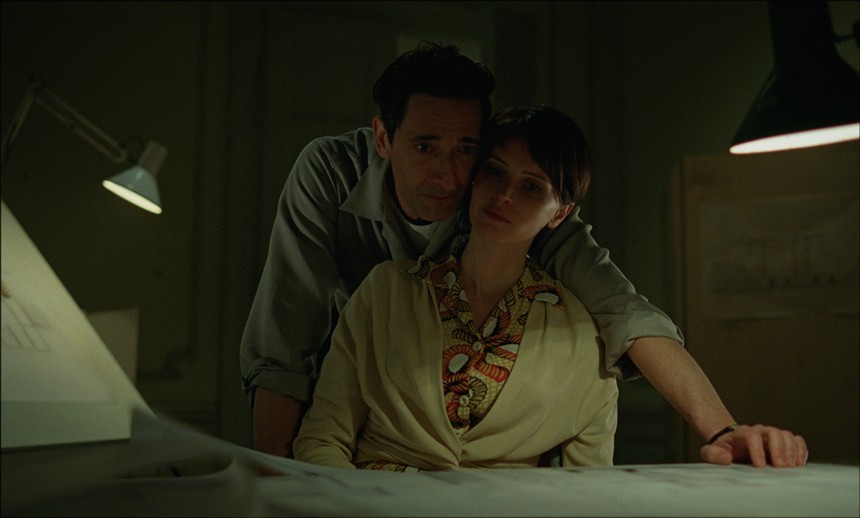 Still of Adrien Brody and Felicity Jones in The Brutalist