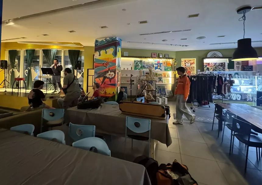 a stage inside a restaurant