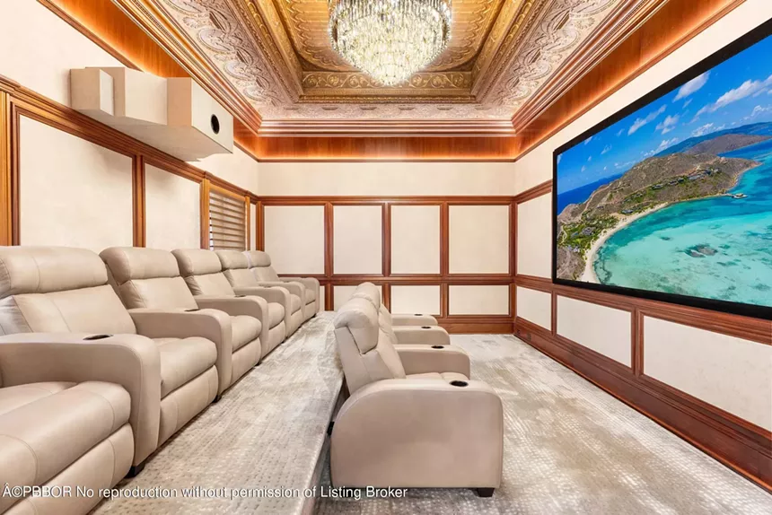Home theater with recliner seating and a large screen, offering a premium movie-watching experience