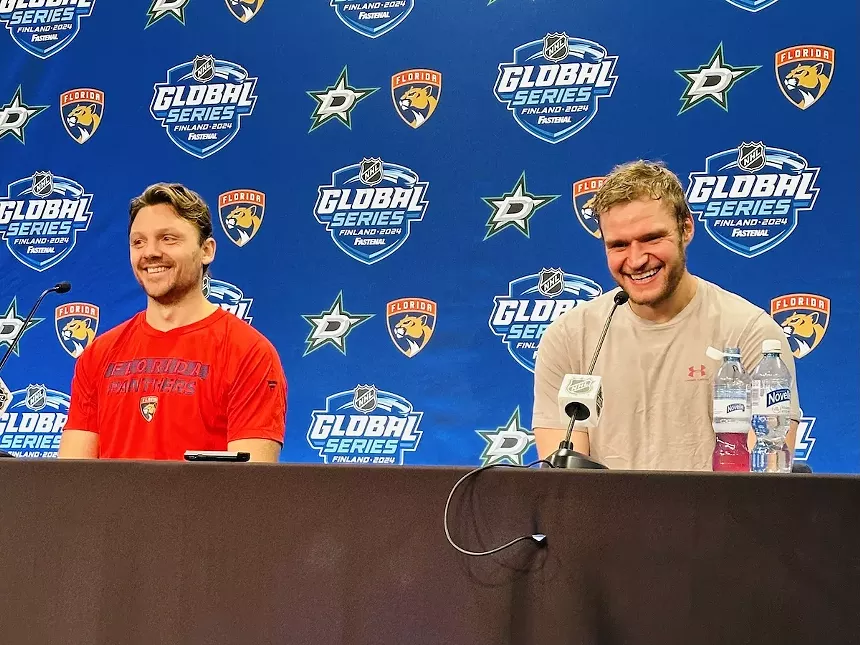 Sam Reinhart and Aleksander Barkov at a press conference