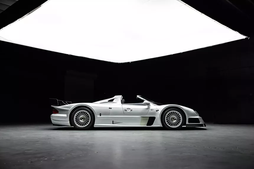 Alternate side view of the Mercedes-Benz AMG CLK GTR Roadster showing its detailed lines and side profile
