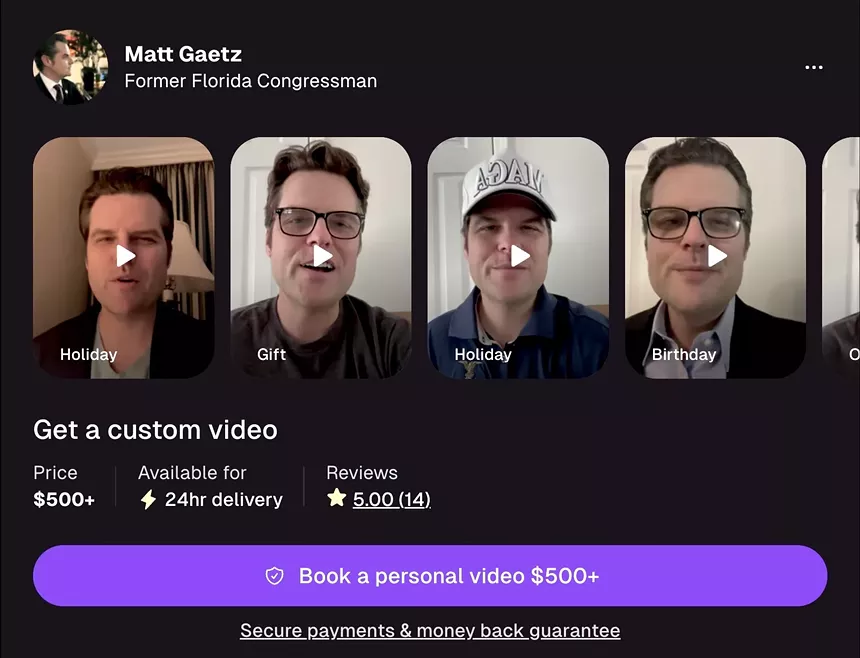 Cameo screenshot displaying Matt Gaetz's various options for videos and his rate