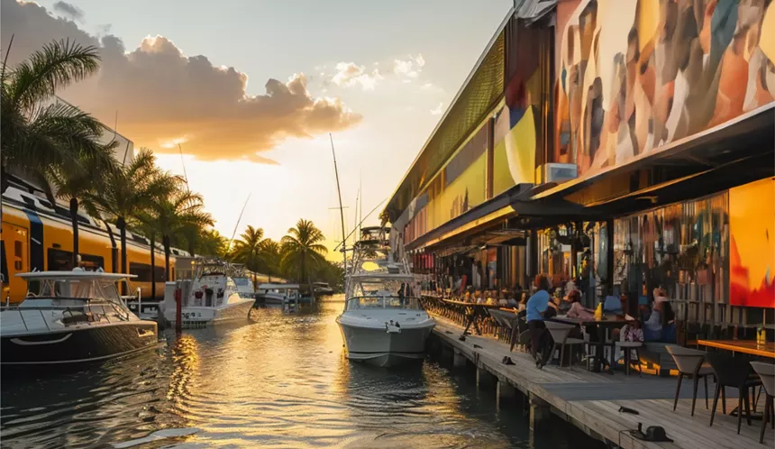The imagined exterior of Vice City District features a vibrant waterfront dining space. Boats are docked horizontally along the canal, allowing a clear pathway for aquatic creatures like manatees. The sunset reflects off the water, with palm trees lining the view.
