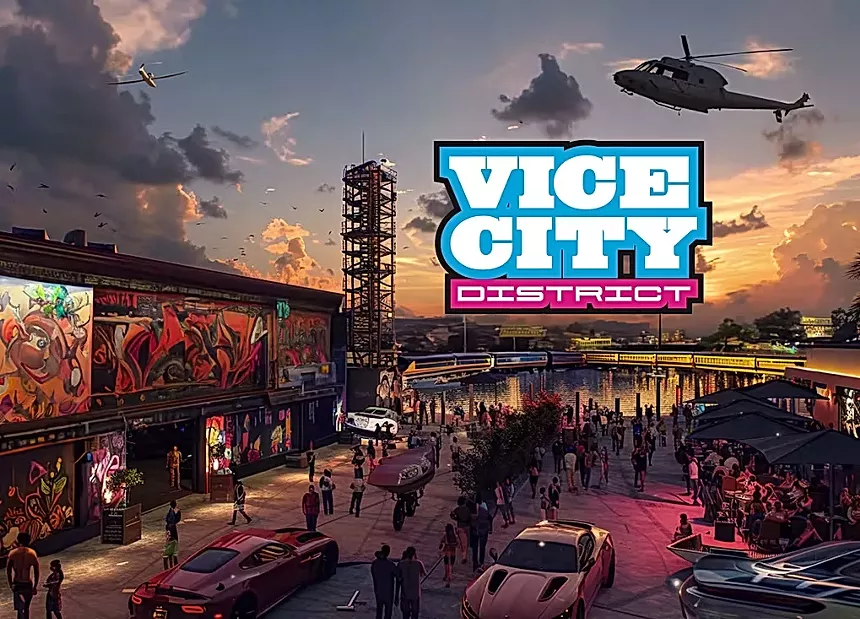 A vibrant waterfront scene at Vice City District features colorful graffiti murals, luxury sports cars, and a bustling crowd enjoying dining and entertainment. A helicopter hovers above, and the sunset sky resembles a mix of Miami Vice and Grand Theft Auto.