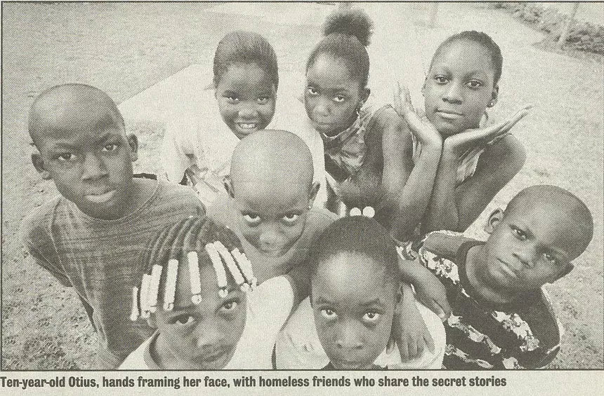 Black-and-white photo featuring ten-year old Otius, hands framing her face, with homeless friends who share the secret stories.