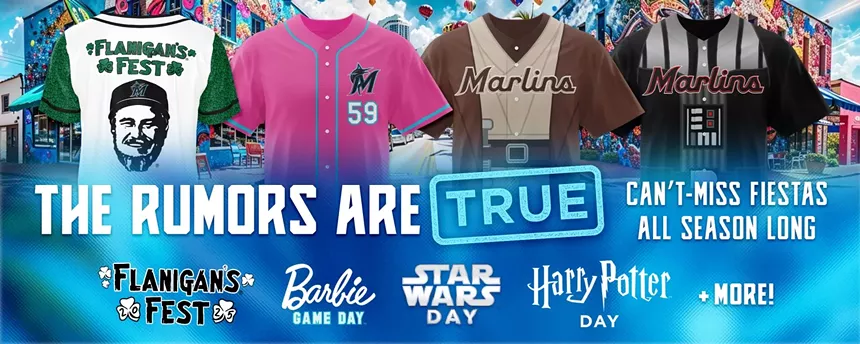 "The Rumors Are True": Miami Marlins graphic announcing jersey giveaways, featuring Flanigan's Fest, Star Wars Day, Barbie Night, and Harry Potter Day