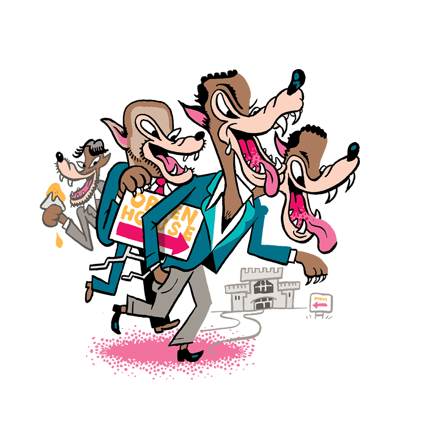 caricature of three suited, wolflike real estate agents with a fourth eating hummus in the background