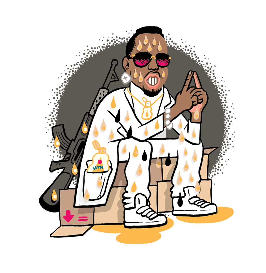 caricature of Sean Combs, AKA Diddy, covered in lube with what looks like an AK-47 behind him