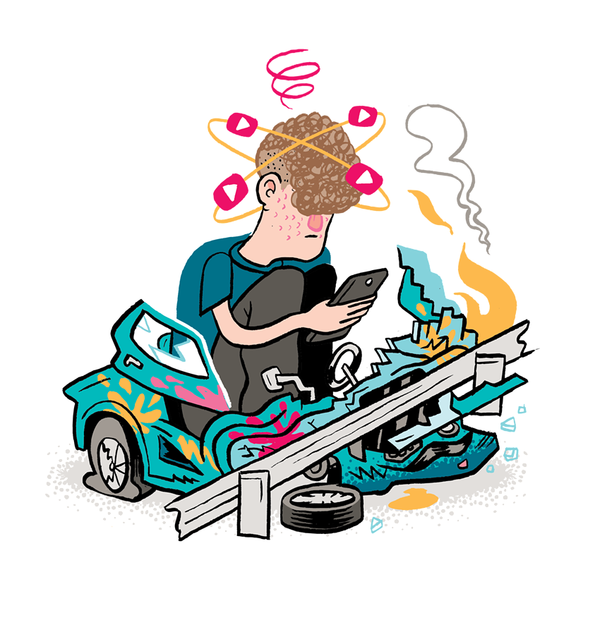 caricatture of a livestreamer who appears to have crashed his sports car into a guardrail while texting