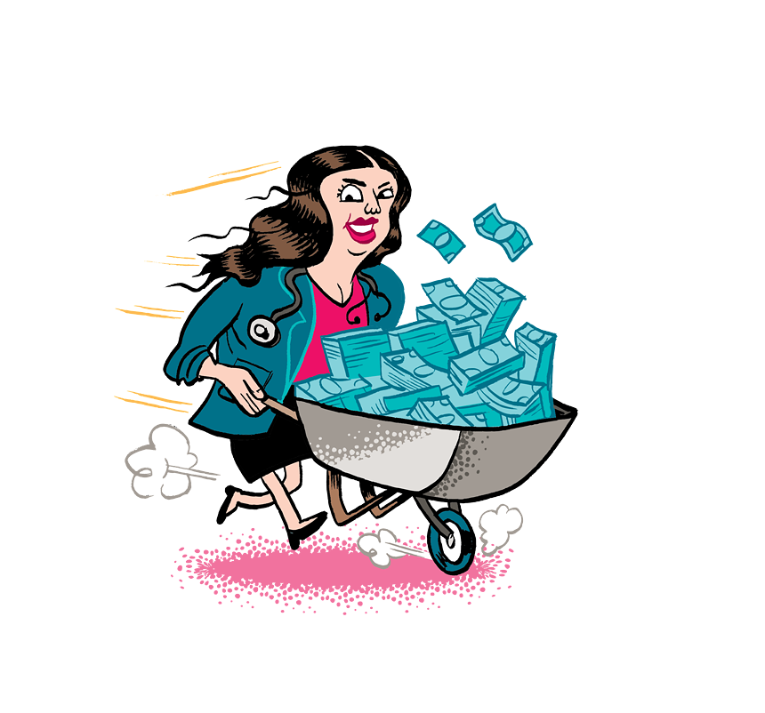 caricature of a woman pushing a wheelbarrow filled with cash