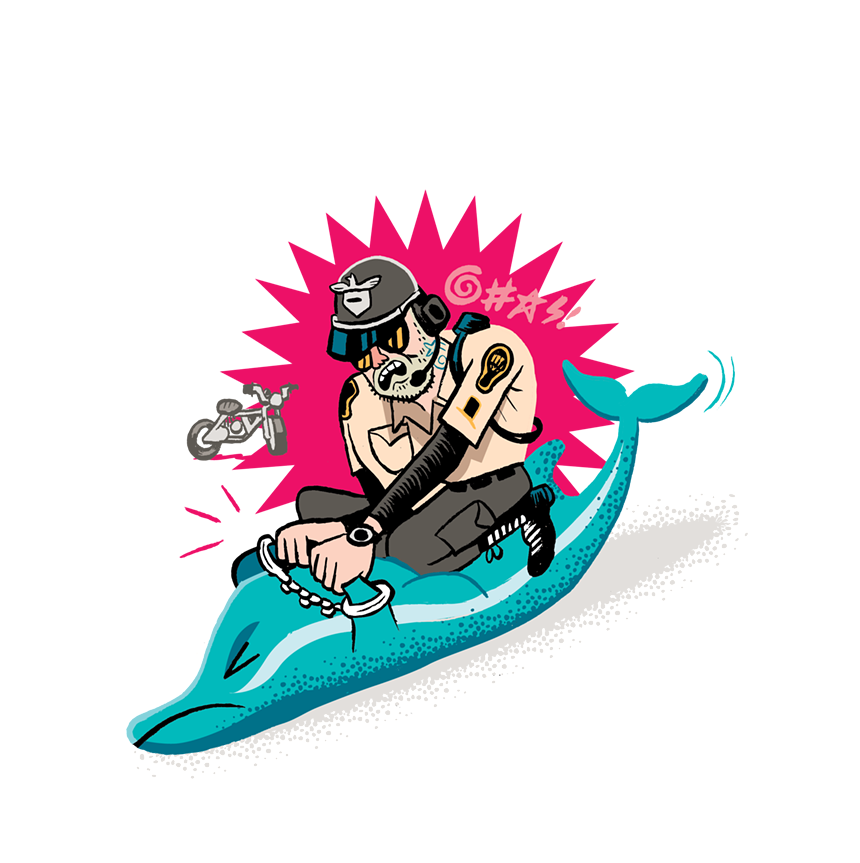 caricature of a motorcycle cop tackling and handcuffing a dolphin