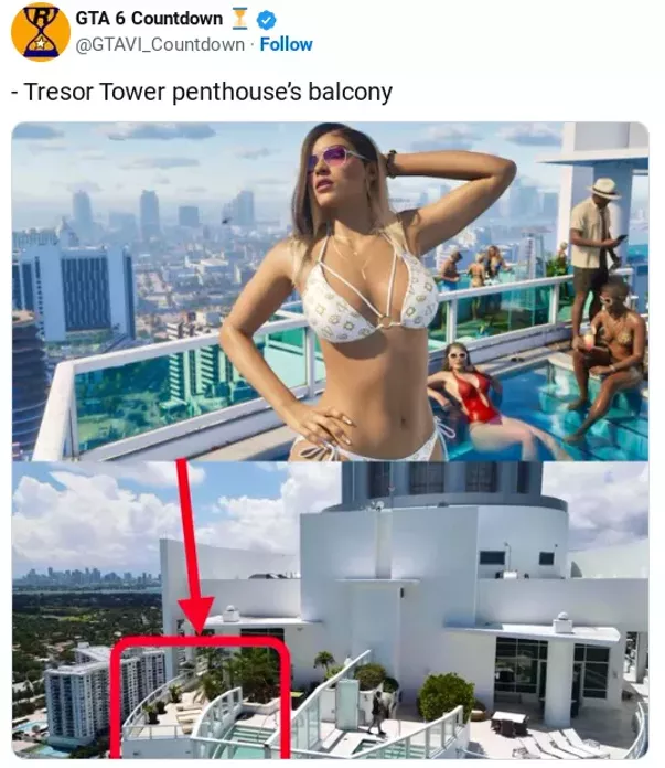 Image comparing the Trésor Tower penthouse balcony in GTA 6 with its real-life counterpart in the Fontainebleau Miami Beach