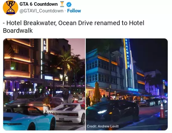 Image comparing the Hotel Breakwater in Miami Beach and its in-game counterpart, Hotel Boardwalk, from the GTA 6 trailer