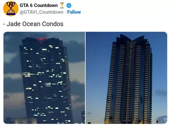 Screenshot showing the Jade Ocean Condos in the GTA 6 trailer alongside its real-world design