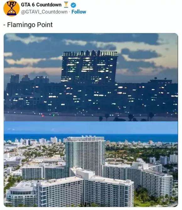 Image comparing Flamingo Point in real life and its detailed recreation in the GTA 6 trailer