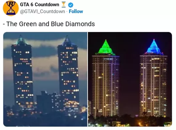 Screenshot comparing the Green and Blue Diamond buildings from the GTA 6 trailer and their real-life counterparts