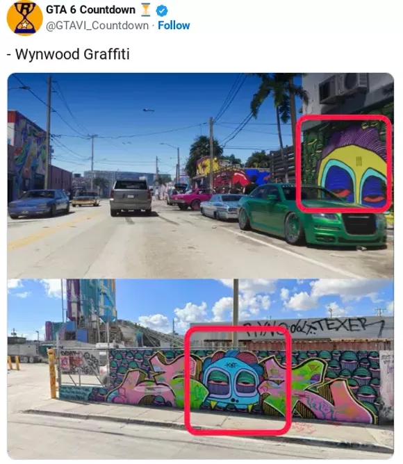 Image comparing Wynwood graffiti art in Miami and its replica in the GTA 6 trailer