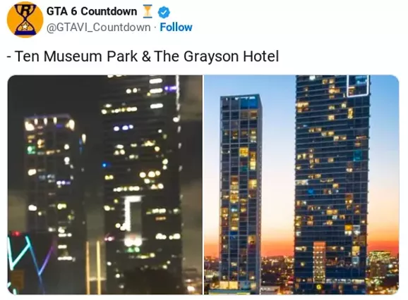 Screenshot comparing Ten Museum Park and The Grayson Hotel in the GTA 6 trailer to their real-life counterparts in Miami