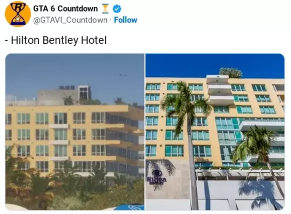 Image of the Hilton Bentley Hotel alongside its GTA 6 trailer replica
