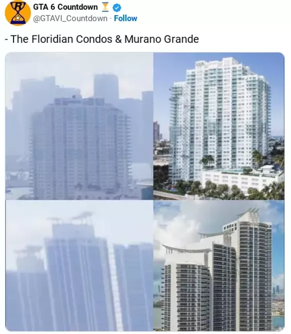 Image comparing the Floridian Condos and Murano Grande in the GTA 6 trailer and real life
