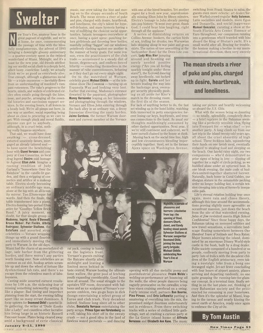 a page from a 1995 issue of Miami New Times that contains a nightlife column named "Swelter" and photos