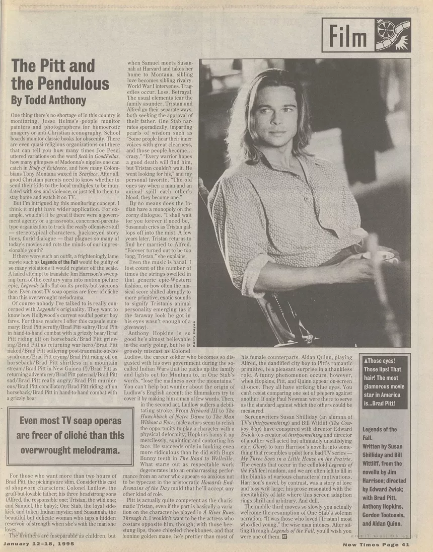 a page from a 1995 issue of Miami New Times that contains a review of the film Legends of the Fall with a portrait of Brad Pitt