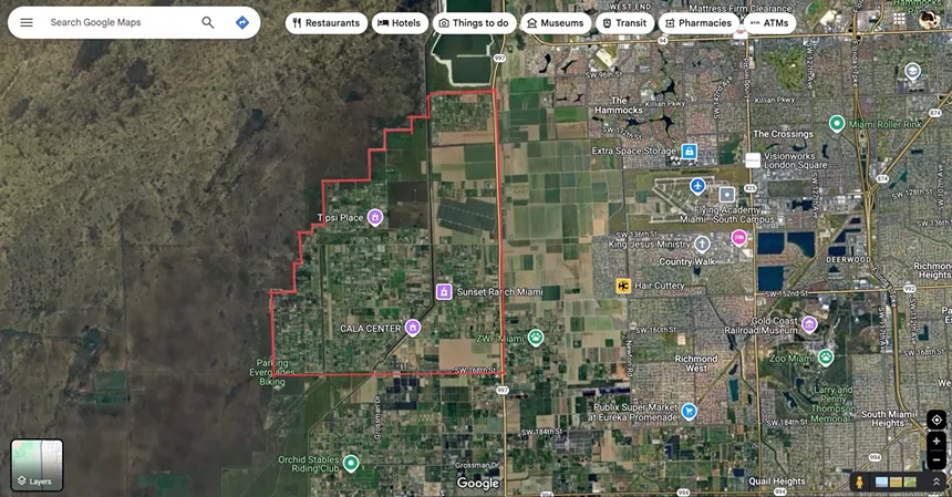 A Google Maps satellite view of the 8-1/2 Square Mile Area. The area is outlined in red.