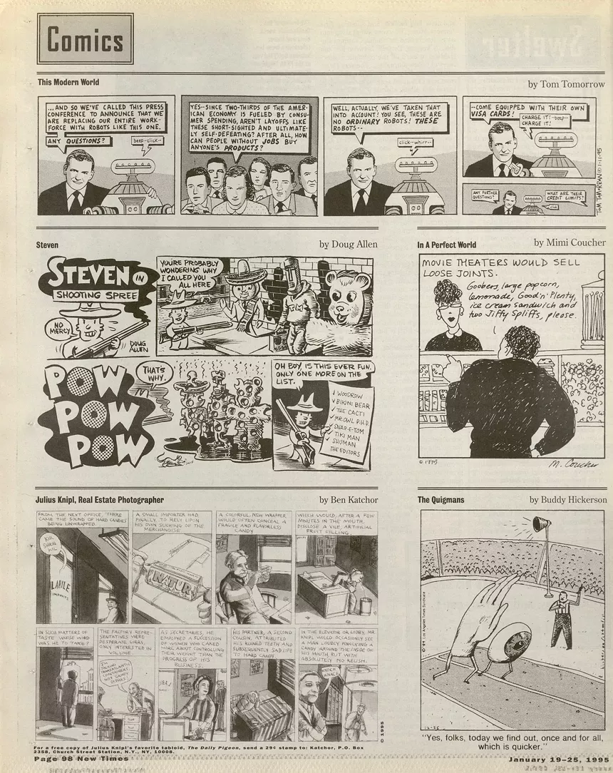 A full page of comic strips by Tom Tomorrow, Doug Allen, Mimi Coucher, Ben Katchor, and Buddy Hickerson, published 1995 by Miami New Times, an alternative weekly newspaper