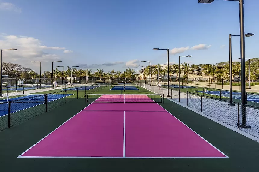 a single pink pickleball court among a group of blue courts