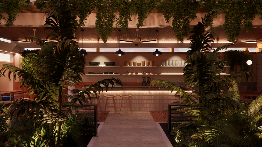 rendering of an outdoor cafe with lush greenery