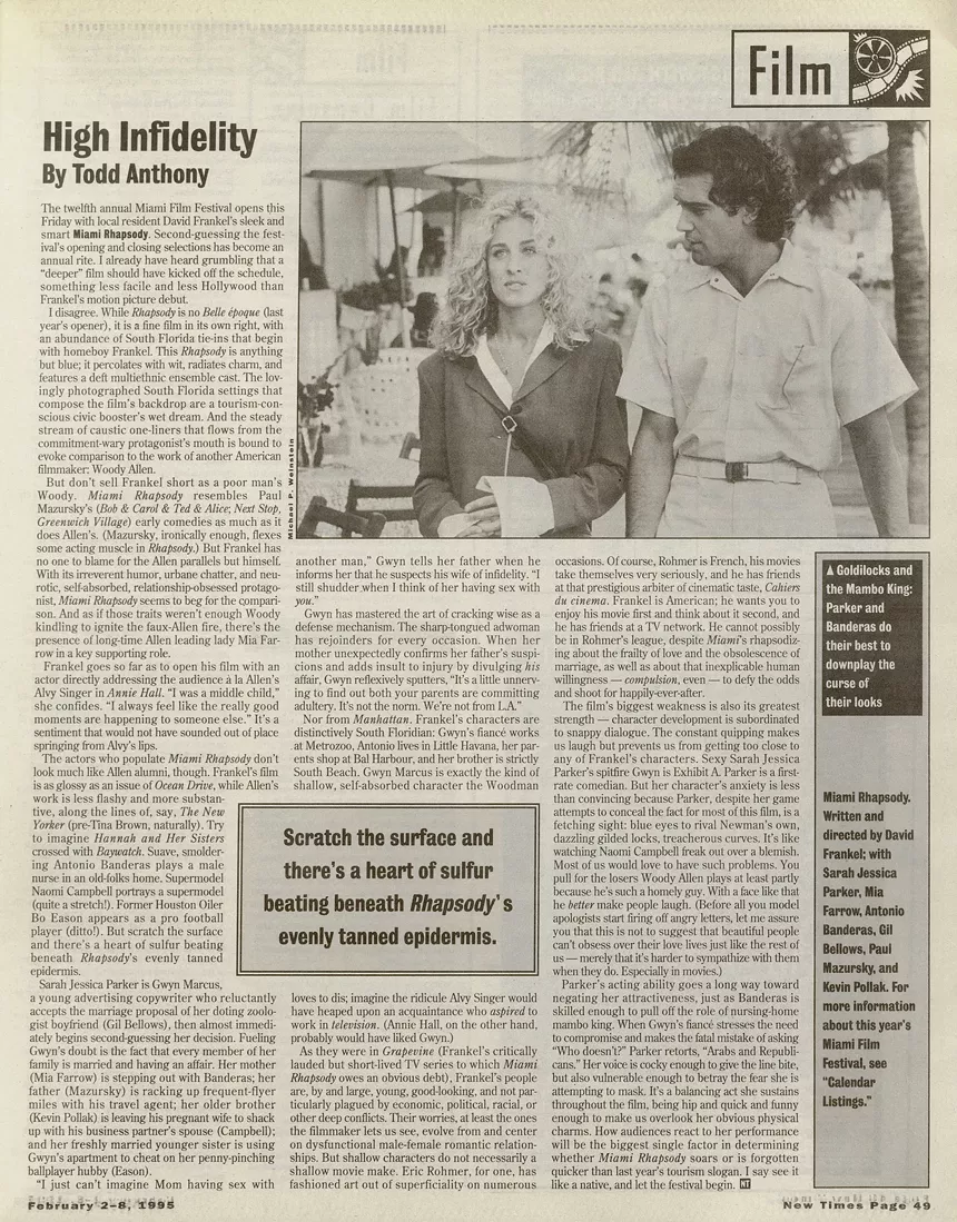 Screenshot of a page from an alternative weekly paper in 1995, featuring a publicity photo of Sarah Jessica Parker and Antonio Banderas
