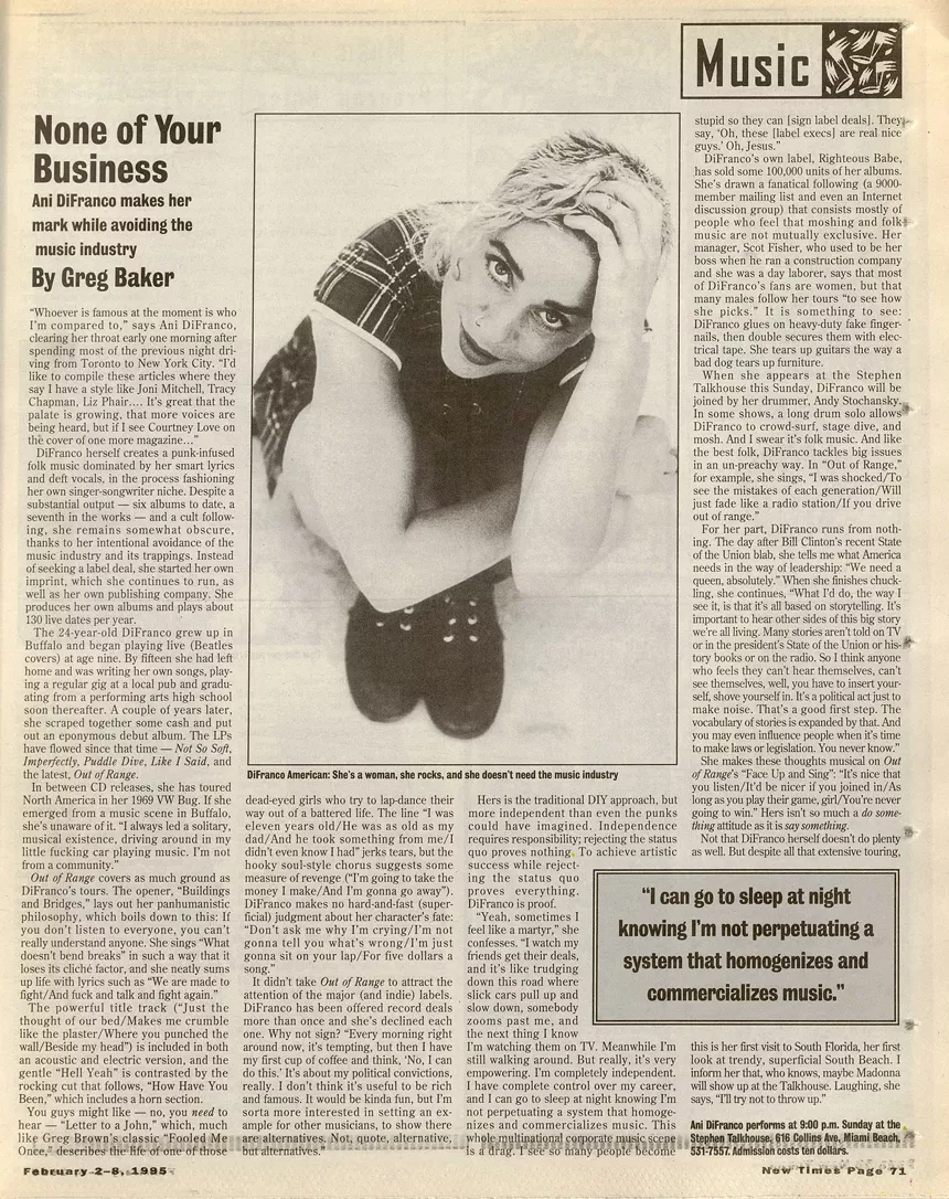 Screenshot of a page from an alternative weekly paper in 1995, featuring a publicity photo of Ani DeFranco