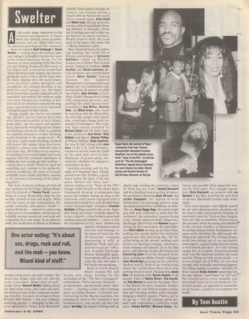 a page from a 1995 issue of Miami New Times that contains a nightlife column named "Swelter" and photos